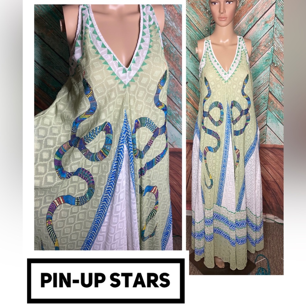 Pin-Up Stars Flowy Boho Beachy Polyester Snake Pattern Summer Maxi Dress